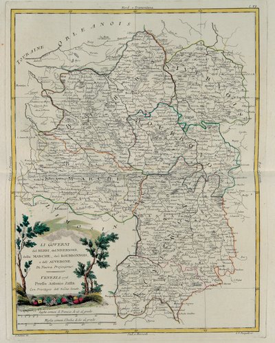 Styrning av Berri, Nivernois, Marche, Bourbon och Auvergne, gravyr av G. Zuliani hämtad från Tome I av den nyaste atlasen publicerad i Venedig 1776 av Antonio Zatta, Privat samling av G. Zuliani