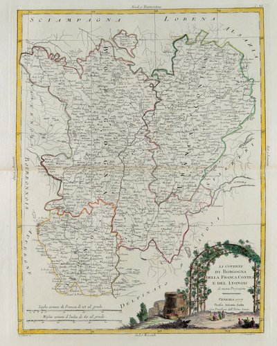 Governances of Bourgogne, Franca Contea och Lyons, gravyr av G. Zuliani hämtad från Tome I of the Newest Atlas publicerad i Venedig 1777 av Antonio Zatta, Privat samling av G. Zuliani