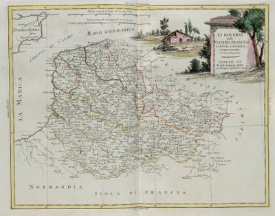 Styrning av franska Flandern, Artois, Picardie och Boulonois, gravyr av G. Zuliani hämtad från Tome I av den nyaste atlasen publicerad i Venedig 1776 av Antonio Zatta, Privat samling av G. Zuliani
