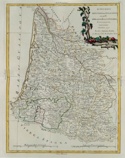 Styrningen av Guyenne och Gascogne med den i Bearn och Nedre Navarra, gravyr av G. Zuliani hämtad från Tome I of the Newest Atlas publicerad i Venedig 1776 av Antonio Zatta, Privat samling av G. Zuliani
