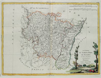 Styrning av Lorraine, Barr och Alsace, gravyr av G. Zuliani hämtad från Tome I av "Newest Atlas" publicerad i Venedig av Antonio Zatta, Privat samling av G. Zuliani