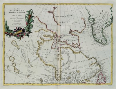 Hudson Bay, Land of Labrador och Grönland med de intilliggande öarna, gravyr av G. Zuliani hämtad från Tome I av "Newest Atlas" publicerad i Venedig 1778 av Antonio Zatta, Privat samling av G. Zuliani