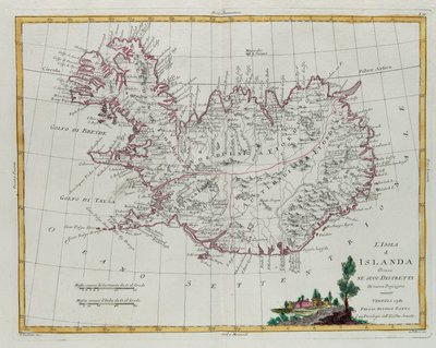 Island uppdelat i sina distrikt, gravyr av G. Zuliani hämtad från Tome III i "Nyaste Atlas" publicerad i Venedig 1781 av Antonio Zatta, Privatsamling av G. Zuliani
