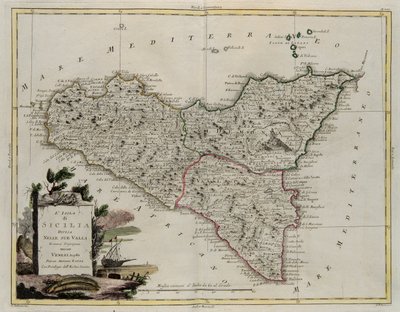 Ön Sicilien, uppdelad i dess dalar, gravyr av G. Zuliani hämtad från Tome II av den nyaste atlasen publicerad i Venedig 1782 av Antonio Zatta, Privat samling av G. Zuliani