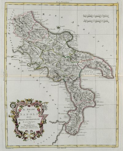 Konungariket Neapel uppdelat i dess provinser, gravyr av G. Zuliani hämtad från Tome II av "Nyaste Atlas" publicerad i Venedig 1781 av Antonio Zatta, Privat samling av G. Zuliani