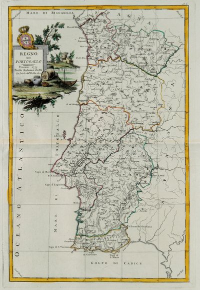 Konungariket Portugal, gravyr av G. Zuliani hämtad från Tome I of the Newest Atlas publicerad i Venedig 1776 av Antonio Zatta, Privat samling av G. Zuliani