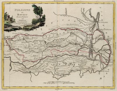 Landområde i delstaten Veneto: område av Rovigo, graverat av G. Zuliani, hämtat från volym II av "Nyaste atlas" publicerad i Venedig 1782 av Antonio Zatta, privat samling av G. Zuliani
