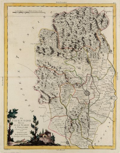 Landområde i delstaten Veneto: området av Vicenza uppdelat i dess biskopsråd och magistrater, gravyr av G. Zuliani hämtad från Tome II av "Nyaste Atlas" publicerad i Venedig 1782 av Antonio Zatta, privat samling av G. Zuliani