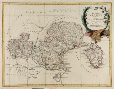 Landområde i staten Veneto, uppdelat i dess provinser, gravyr av G. Zuliani hämtad från Tome II av "Nyaste Atlas" publicerad i Venedig 1782 av Antonio Zatta, Privat samling av G. Zuliani