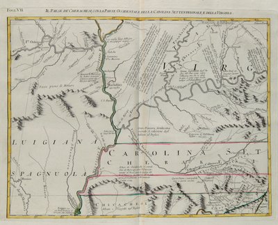 Cherokees land med den västra delen av North Carolina och Virginia, gravyr av G. Zuliani hämtad från Tome I av "Newest Atlas" publicerad i Venedig 1778 av Antonio Zatta, Privat samling av G. Zuliani