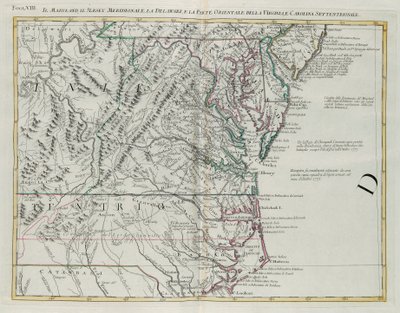 Maryland, södra New Jersey, Delaware och den östra delen av Virginia och North Carolina, gravyr av G. Zuliani hämtad från Tome I av "Newest Atlas" publicerad i Venedig 1778 av Antonio Zatta, Privat samling av G. Zuliani