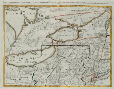 Pennsylvania, New York, södra New Jersey, med den västra delen av Connecticut, Massachusetts Bay och Land of the Iroquois, gravyr av G. Zuliani hämtad från Tome I av "Newest Atlas" publicerad i Venedig 1778 av Antonio Zatta, Privat samling av G. Zuliani
