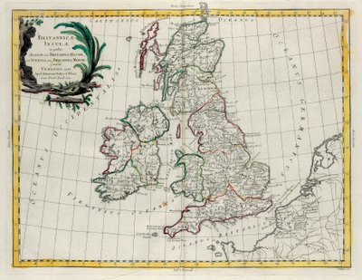 De brittiska öarna där finns Albion eller Greater Britain och Ivernia eller Lesser Britain, gravyr av G. Zuliani hämtad från Tome I of the Newest Atlas publicerad i Venedig 1785 av Antonio Zatta av G. Zuliani