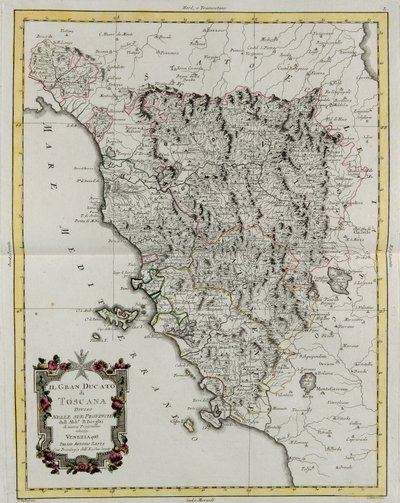 Storhertigdömet Toscana uppdelat i sina provinser, gravyr av G. Zuliani hämtad från Tome II av "Nyaste Atlas" publicerad i Venedig 1783 av Antonio Zatta, Privat samling av G. Zuliani