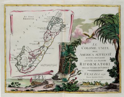 Bermudaöarna och framsidan av sektionen tillägnad Nordamerikas förenade kolonier, gravyr av G. Zuliani hämtad från Tome I av "Newest Atlas" publicerad i Venedig 1778 av Antonio Zatta, Privat samling av G. Zuliani