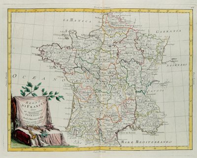 Kungariket Frankrike delade sig i sina styrningar, gravyr av G. Zuliani hämtad från Tome I av den nyaste atlasen publicerad i Venedig 1776 av Antonio Zatta, Privat samling av G. Zuliani