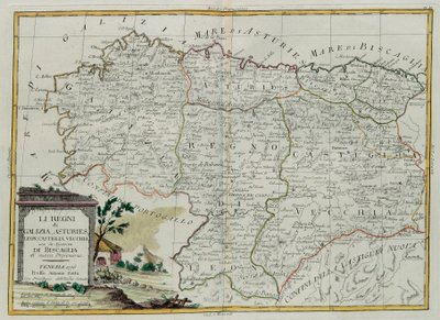 Kungadömena Galicien, Asturies, Leon, Castilla Vieja med rådet av Biscallia, gravyr av G. Zuliani hämtad från Tome I av den nyaste atlasen publicerad i Venedig 1776 av Antonio Zatta, Priva av G. Zuliani