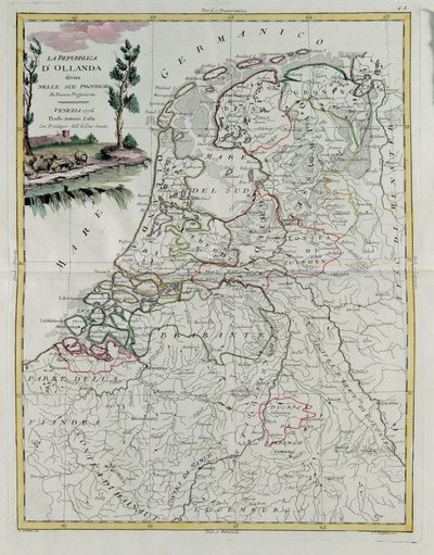 Republiken Holland delas i sina provinser, gravyr av G. Zuliani hämtad från Tome I av den nyaste atlasen publicerad i Venedig 1776 av Antonio Zatta, Privat samling av G. Zuliani