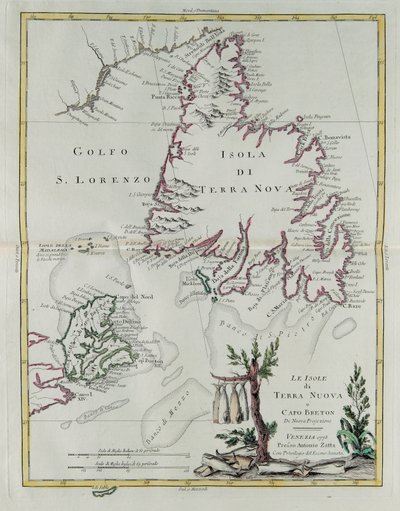 Öarna Newfoundland och Cape Breton, gravyr av G. Zuliani hämtad från Tome I av "Newest Atlas" publicerad i Venedig 1778 av Antonio Zatta, Privat samling av G. Zuliani
