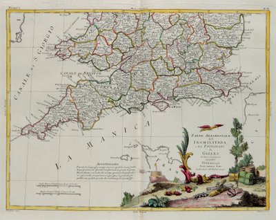 Den södra delen av England och Principate of Wales, gravyr av G. Zuliani hämtad från Tome I of the Newest Atlas publicerad i Venedig 1778 av Antonio Zatta, Privat samling av G. Zuliani