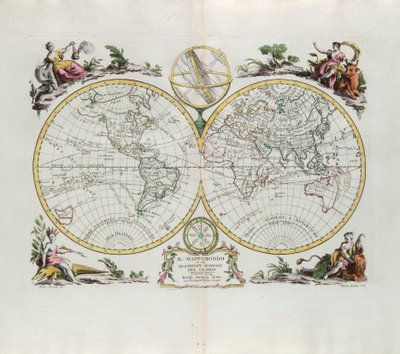 Världskarta och en allmän beskrivning av jordklotet, gravyr av G. Zuliani hämtad från Tome I of the Newest Atlas publicerad i Venedig 1774 av Antonio Zatta av G. Zuliani