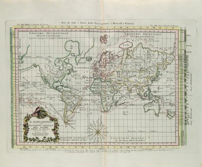 Världskarta och en allmän beskrivning av jordklotet, reducerad till en bild, gravyr av G. Zuliani hämtad från Tome I av "Newest Atlas" publicerad i Venedig 1774 av Antonio Zatta av G. Zuliani
