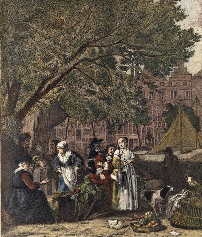 Amsterdams örtmarknad. Gravyr 1800-talet efter målningen av Gabriel Metsu (1629-1667). av Gabriel (after) Metsu