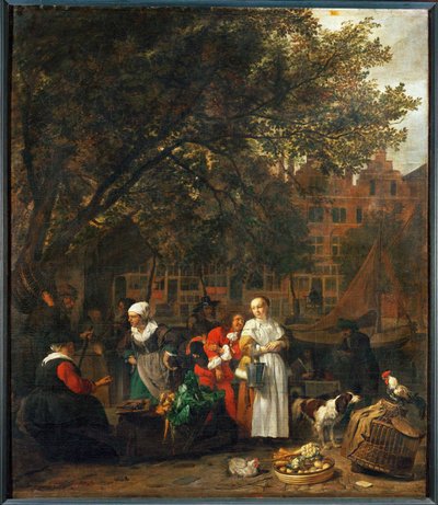 Grönsaksmarknad i Amsterdam, Nederländerna ... av Gabriel (attr. to) Metsu