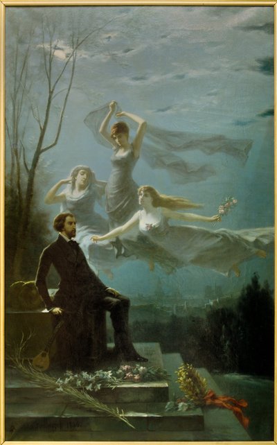 Romantik: "The Nights of Musset"" Den franske poeten Alfred de Musset (1810-1857) inspirerar av Muses för att skriva "The Nights"" Målning av Gabriel Aimable de la Foulhouze (1825-1887). 1886 Olja på duk Clermont Ferrand (Clermont-Ferrand). Uppfattat av Gabriel Amable de Lafoulhouze