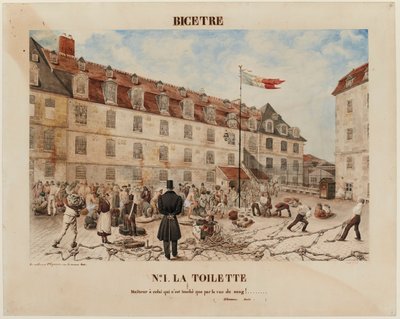 Franska: BICÊTRE. Nº1. TOALETTEN / Ve den som bara blir berörd av åsynen av blod! ........ / ( JJ Rousseau. Émile. ). av Gabriel Cloquemin