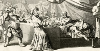 Jesus bjöd in till middag med fariséen, illustration från Lukasevangeliet, kapitel 11:37, 1728 av Gabriel Francois Louis Debrie