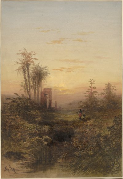 Solnedgång i ett orientaliskt landskap av Gabriel Hippolyte Lebas