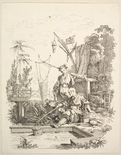 En kinesisk man och kvinna som fiskar vid en fiskdamm, 1700-talet. av Gabriel Huquier
