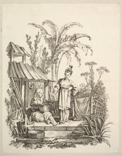 En sittande kinesisk man och en kvinna som bär en fisk, ca. 1742. av Gabriel Huquier