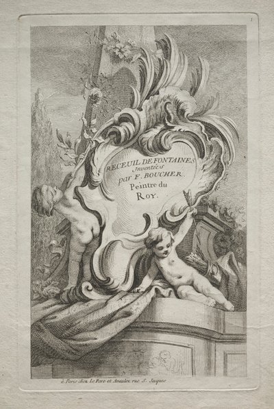 Fontänernas bok: nr 1, titelsida, ca. 1736. av Gabriel Huquier