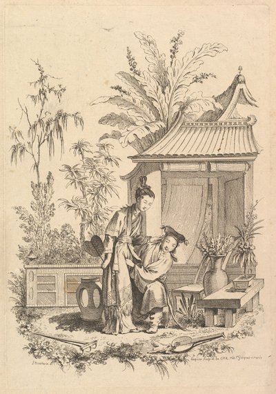 Chinoiseriescen med figurer i ett landskap, 1700-tal. av Gabriel Huquier