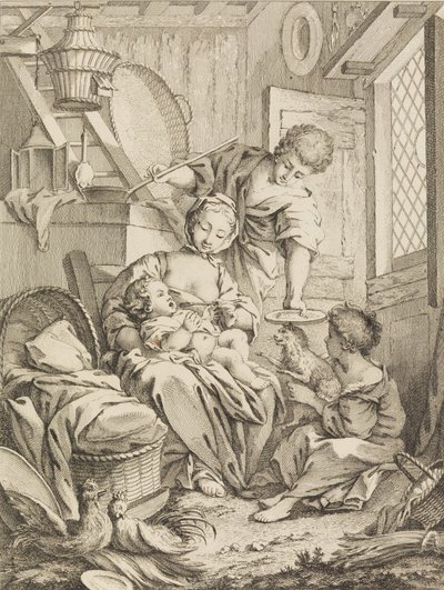 Plåt 1: Ung kvinna som matar sitt spädbarn, från Premier Livre de Subjects et Pastorales Fi..., 1720-72. av Gabriel Huquier