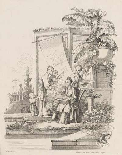 Sittande kvinna med barn och tjänare, ca. 1738-45. av Gabriel Huquier