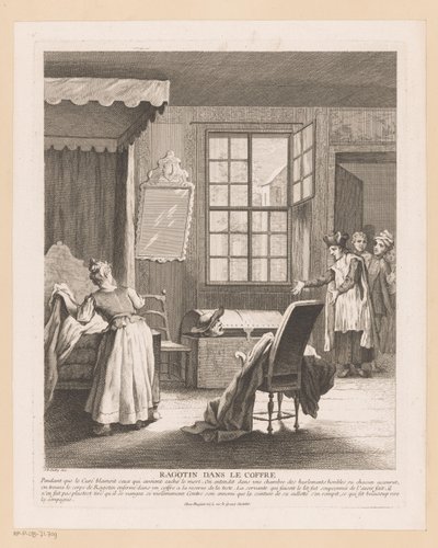 Slaapkamerinterieur träffade Ragotin i en kist Skvaller i bagageutrymmet (titel på objekt) Scener från Roman Comique van Scarron (serietitel) av Gabriel Huquier