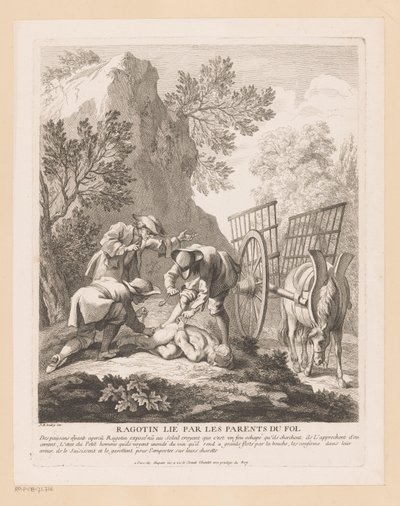 Sovande ragotin bundet och kidnappat Ragotin lié par les föräldrar du fol (titel på objekt) Scener från Scarrons Roman Comique (serietitel) av Gabriel Huquier
