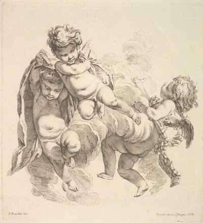 Tre barn bland moln som bär ett draperi, 1738-45. av Gabriel Huquier