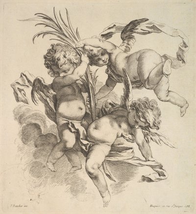 Tre barn bland moln nära ett palmblad, 1738-45. av Gabriel Huquier