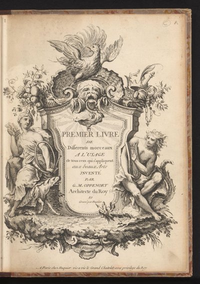 Titeltryck för en serie om sex ornament Olika mönster för utövare av konst, första bok (serietitel) Premier livre de différents morceaux a l