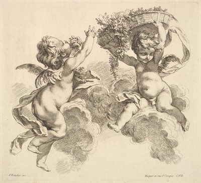 Två barn, ett håller en korg med blommor, 1738-45. av Gabriel Huquier