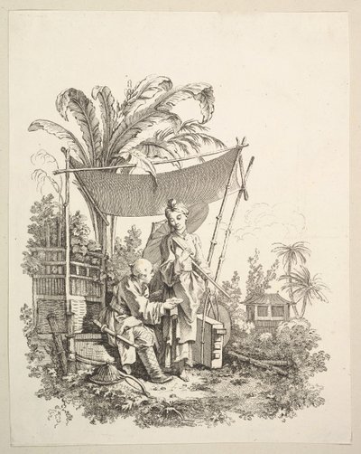 Kvinna som visar kuriosa för soldat, ca. 1742. av Gabriel Huquier