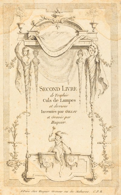 Second Book of Ends of Lamps and Currency Trophys: Titelsida av Gabriel Huquier after Claude Gillot