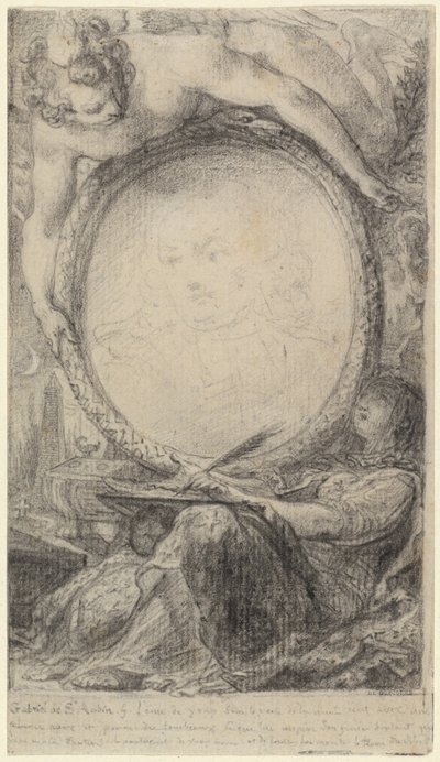 Allegorisk ram med ett geni och en beslöjad kvinna som skriver av Gabriel Jacques de Saint Aubin