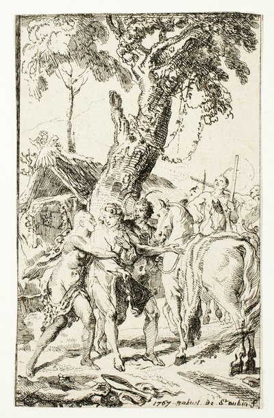The Escape of M. de Belle-Isle, Prisoner in the Attakapas, skylt fyra från Les Nouveaux Voyages aux Indes Occidentales av Gabriel Jacques de Saint Aubin