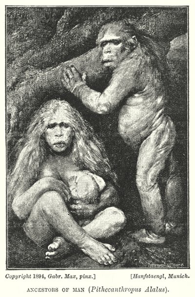 Människans förfäder, Pithecanthropus Alalus (litho) av Gabriel Max