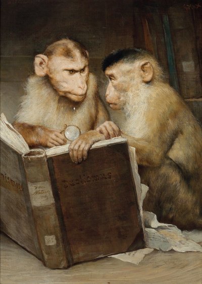 ""Les savants"" (De lärda) Två apor som håller i en öppen bok - Målning av Gabriel Cornelius Ritter von Max (1840-1915) Privat samling av Gabriel Max